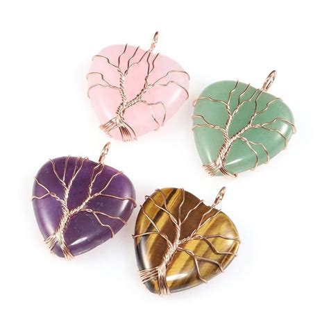 Tree Of Life Wire Wrapped Gemstone Heart Pendant Necklaces Wire