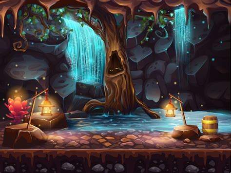Premium Vector Illustration Of The Cave With A Waterfall And A Magic