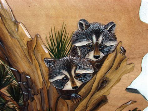 Intarsia Wood Carving Raccoons In Pine Tree Wall Decor Carved Raccoon