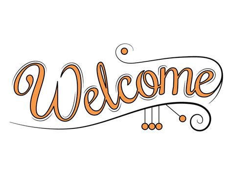 The Word Welcome Written In Orange And Black Ink On A White Background