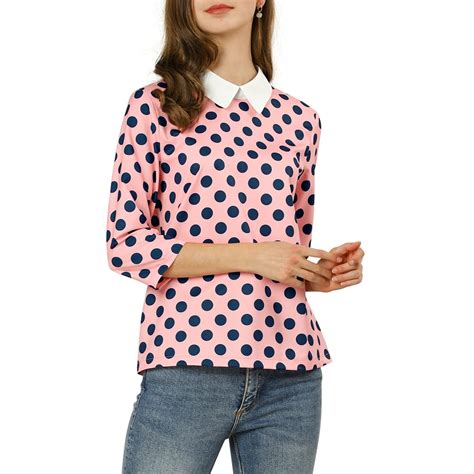 Unique Bargains Womens 34 Sleeves Clifford Collar Polka Dots Blouse