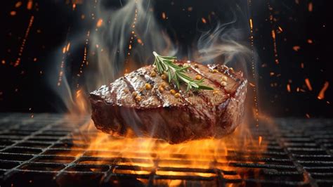 grilled meat on the grill tasty beef steaks flying above iron grill with fire flames stock