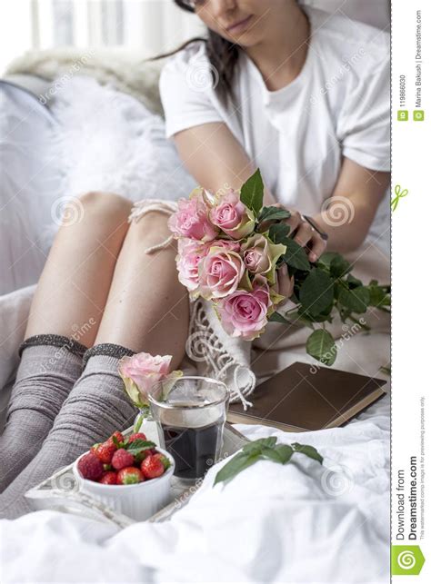 Romantic Breakfast In Bed A Bouquet Of Roses And A Fragrant Morning