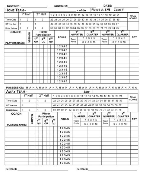 Youth Basketball Score Sheet Printable