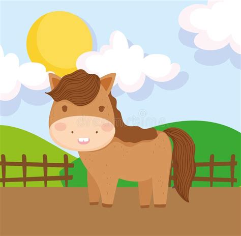 Horse Fence Field Sun Hills Farm Animal Cartoon Stock Vector
