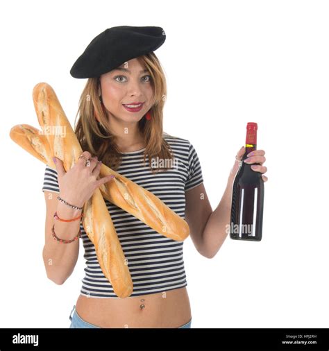 Junge Französin Mit Typischen Französischen Barret Und Gestreiften Hemd Brot Und Eine Flasche