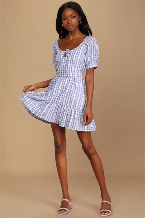 Blue White Plaid Dress Plaid Mini Dress Short Sleeve Dress Lulus