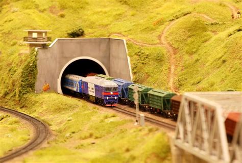 A Locomotive With Wagons Leaves The Tunnel Landscape Layout With