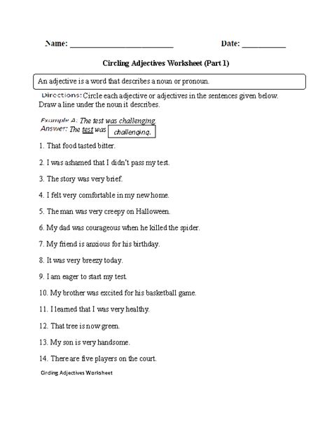 kinds  adjectives worksheets  grade   answers