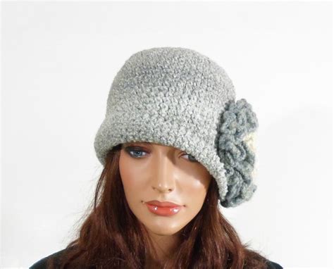 Crochet Cloche Hat With Large Flower Gray Etsy