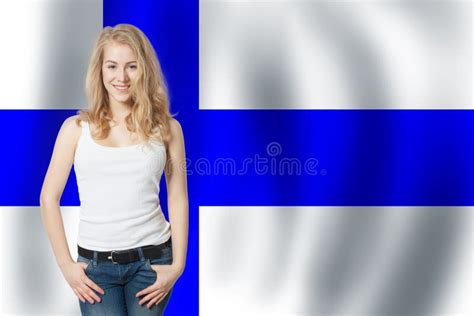 Finland Young Cute Happy Woman With Finnish Flag Background Stock