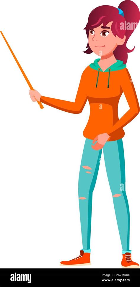 Young Lady Teacher Pointing At Blackboard With Pointer Stick Cartoon