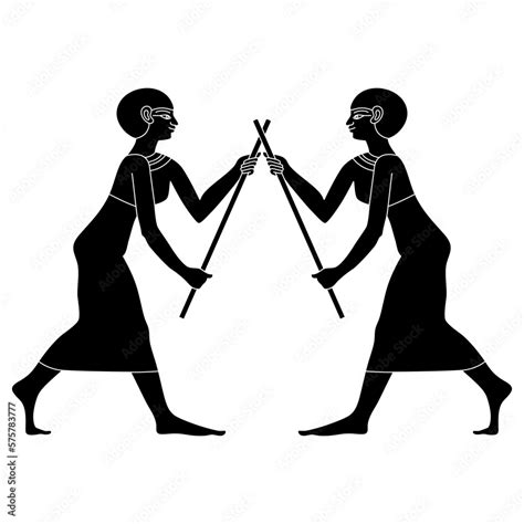 symmetrical ethnic design with two ancient egyptian women dancing or fighting with sticks black