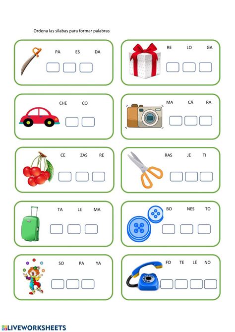 Un proyecto pedagógico de calidad, comprometido a construir un mejor futuro para tus hijos. Ordena las sílabas y forma palabras - Ficha interactiva | Actividades para lectoescritura ...