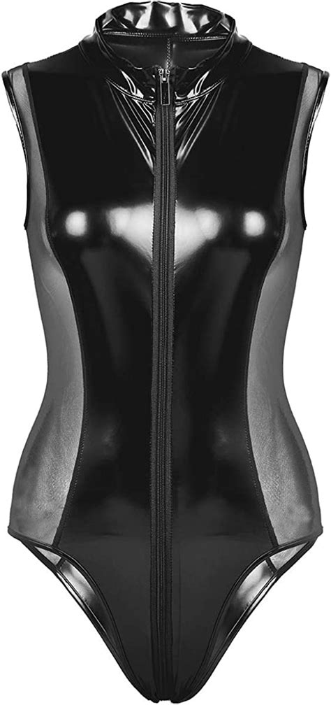 Buy Aislor Women S Shiny Metallic Patent Leather Sheer Mesh Splice Zipper Crotch Thong Bodysuit
