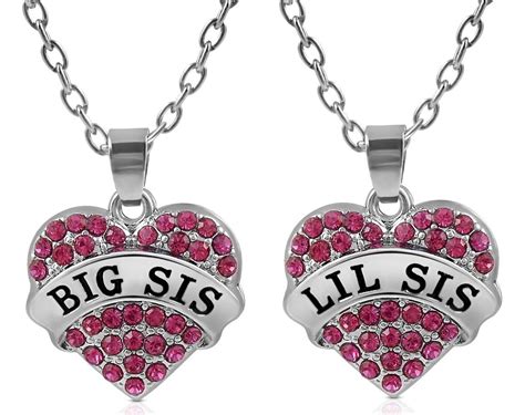 matching big sis lil sis pink crystal heart necklace set t for little sisters bff friends