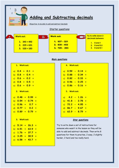 Adding And Subtracting Decimals Worksheet Teaching Resources