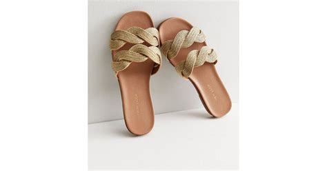 Gold Raffia Plaited Double Strap Sliders New Look