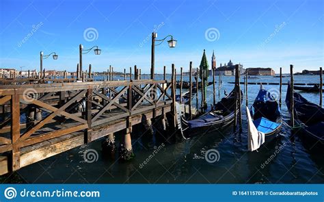 Gondolas Moored In San Marco Square On The Venice Lagoon Stock Image