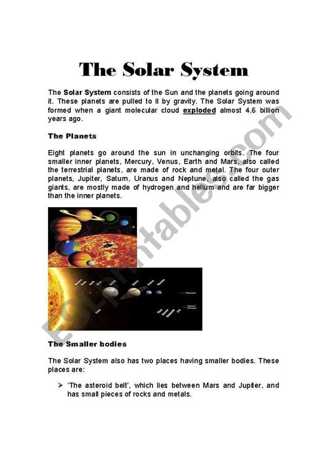 English Worksheets The Solar System