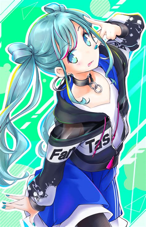 Safebooru 1girl P Akino Coto Aqua Eyes Aqua Hair Collar Earrings Hatsune Miku Highres Jacket