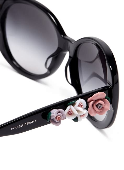 Lyst Dolce And Gabbana Floral Appliqué Round Frame Sunglasses In Black