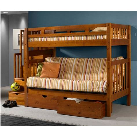 Twin Over Full Futon Bunk Bed With Stairs In Honey Finish
