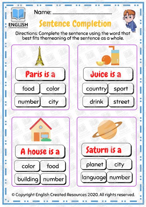 Sentence Completion Grade 1 English Created Resources
