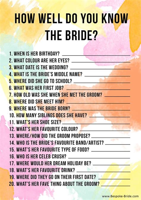 Questions that have yes/no answers, or use numbers, specific days, or times are really good. FREE PRINTABLE 'HOW WELL DO YOU KNOW THE BRIDE?' HEN PARTY & BRIDAL SHOWER GAME! | Bespoke-Bride ...