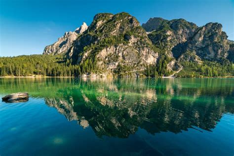 Crystal Clear Turquoise Lake Pragser Wildsee In Lago Di Braies South