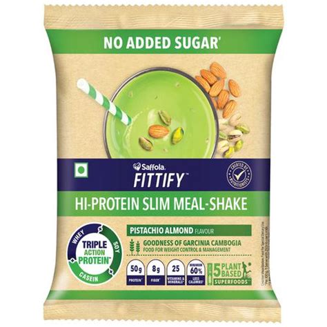 saffola fittify hi protein slim meal shake no added sugar pistachio almond flavour 35 g