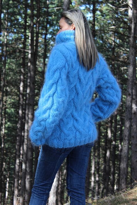 Hand Knit Mohair Sweater Cable Light Blue Fuzzy Turtleneck Etsy Australia
