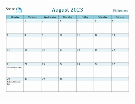 Philippines Holiday Calendar For August 2023