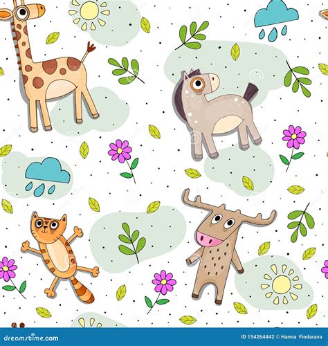 Childish Cartoon Vector Seamless Pattern With Cute Color Animals And