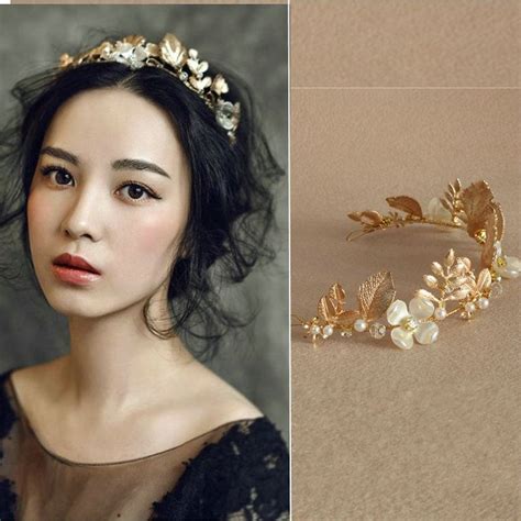 2016 new wedding gold leaf tiara bridal pearl headband handmade hair accessories women head