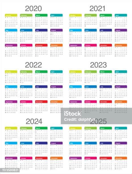 Jahr 2020 2021 2022 2023 2024 2025 Kalender Vektordesignvorlage Stock
