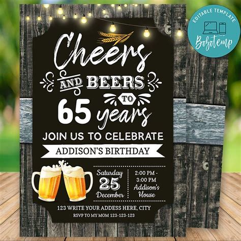 Printable 65th Cheers And Beers Birthday Party Invitation Diy Bobotemp