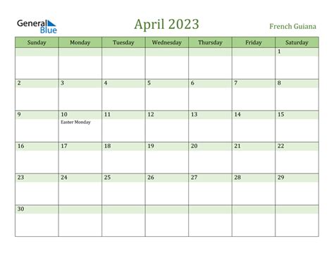 French Guiana April 2023 Calendar With Holidays