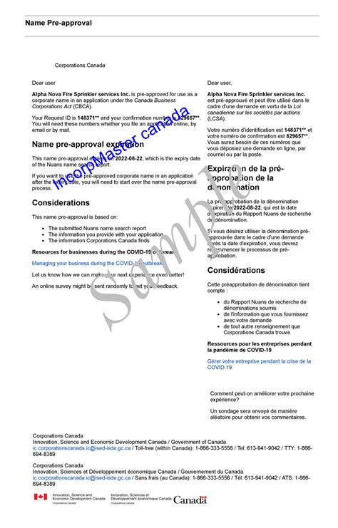 Sample of Name Pre-Approval Federal - Nuans Canada