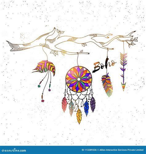 Boho Style Hand Drawn Dream Catcher With Ethnic Floral Pattern Stock