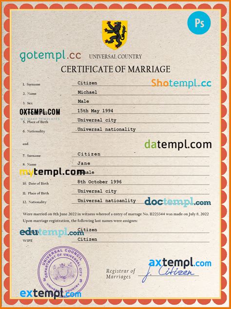 Grace Universal Marriage Certificate PSD Template Fully Editable GOTEMPL Templates With