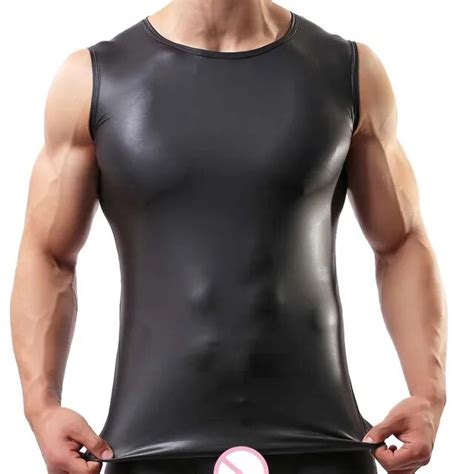 New Patent Leather Summer Men Clothing Tank Tops Black Singlets