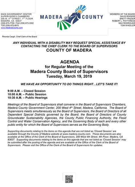 Madera County Board Of Supervisors Meeting Agenda For Tuesday March 19