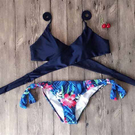Sexy Women Floral Printing Summer Push Up Padded Bikinis Sets Cross Bandage Summer Halter
