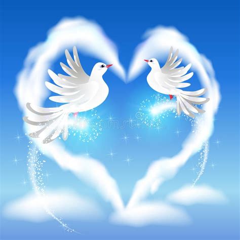 Two White Doves Flying In The Shape Of A Heart On Blue Sky Background