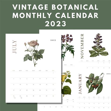 Printable Vintage Botanical Calendar 2023 Vintage Botanical Etsy