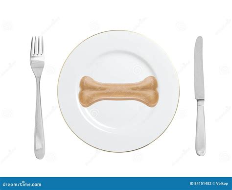 Dogs Food Bone On A Plate With Fork And Knife Isolated On White Stock
