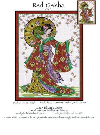 Model stitched over 2 threads on 28 ct. Joan Elliott Red Geisha - Cross Stitch Pattern - 123Stitch