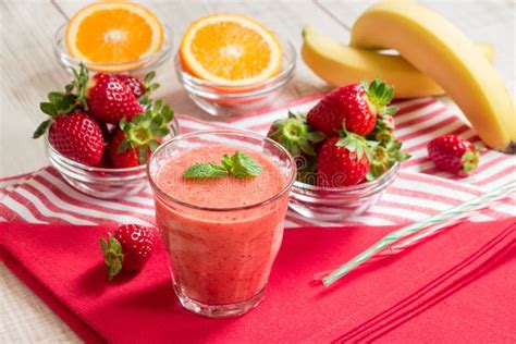 Strawberry Orange Banana Smoothie And Ingredients Stock Image Image