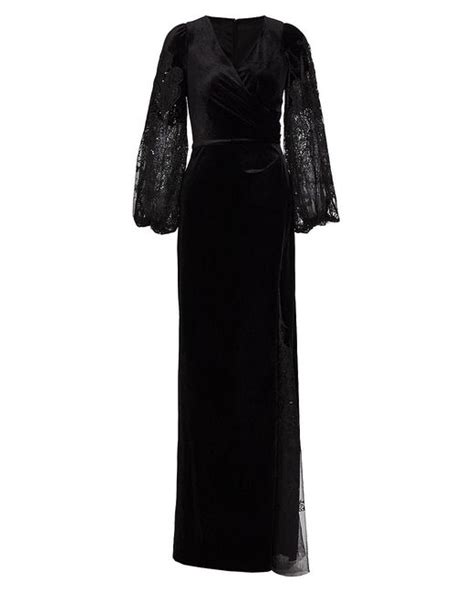 Teri Jon Lace And Velvet Wrap Effect Gown In Black Lyst